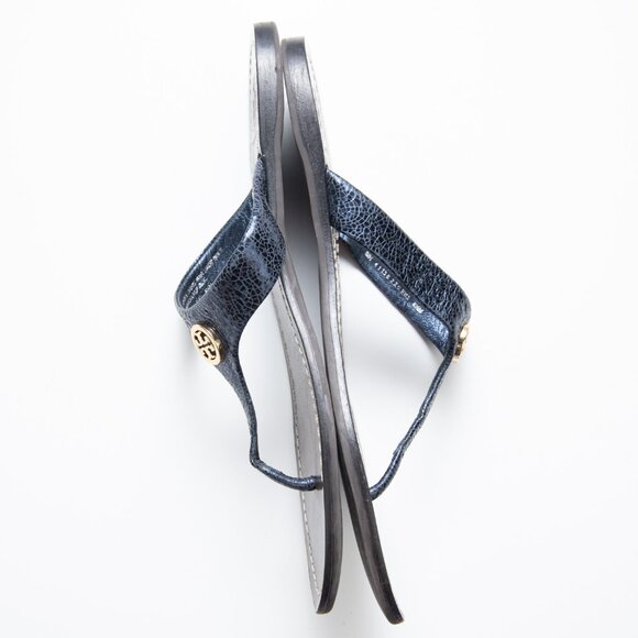 Tory Burch Cameron Sandals Metallic Embossed Crackled Leather Thong Blue 8.5 - Picture 5 of 7